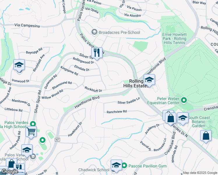 map of restaurants, bars, coffee shops, grocery stores, and more near 4731 Rockbluff Drive in Rolling Hills Estates