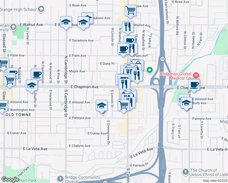 map of restaurants, bars, coffee shops, grocery stores, and more near 127 South Lincoln Street in Orange