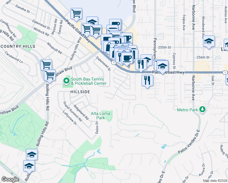 map of restaurants, bars, coffee shops, grocery stores, and more near 2550 Pacific Coast Highway in Torrance