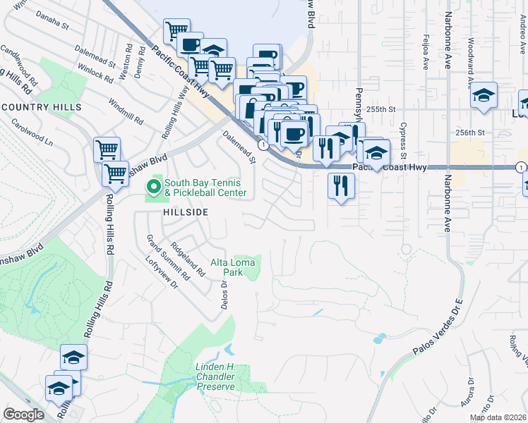 map of restaurants, bars, coffee shops, grocery stores, and more near 2550 Pacific Coast Highway in Torrance