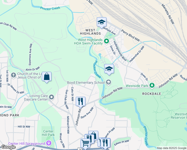 map of restaurants, bars, coffee shops, grocery stores, and more near 1973 Jones Avenue Northwest in Atlanta