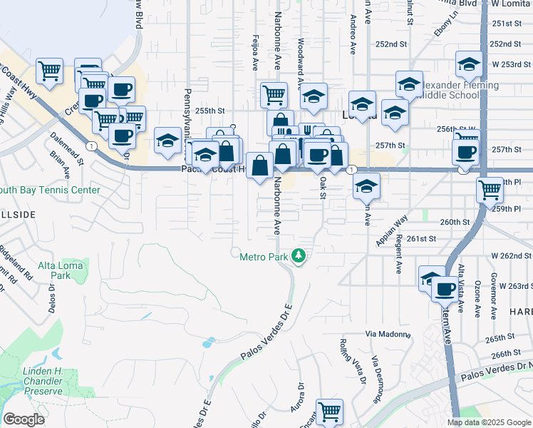 map of restaurants, bars, coffee shops, grocery stores, and more near 25917 Narbonne Avenue in Lomita
