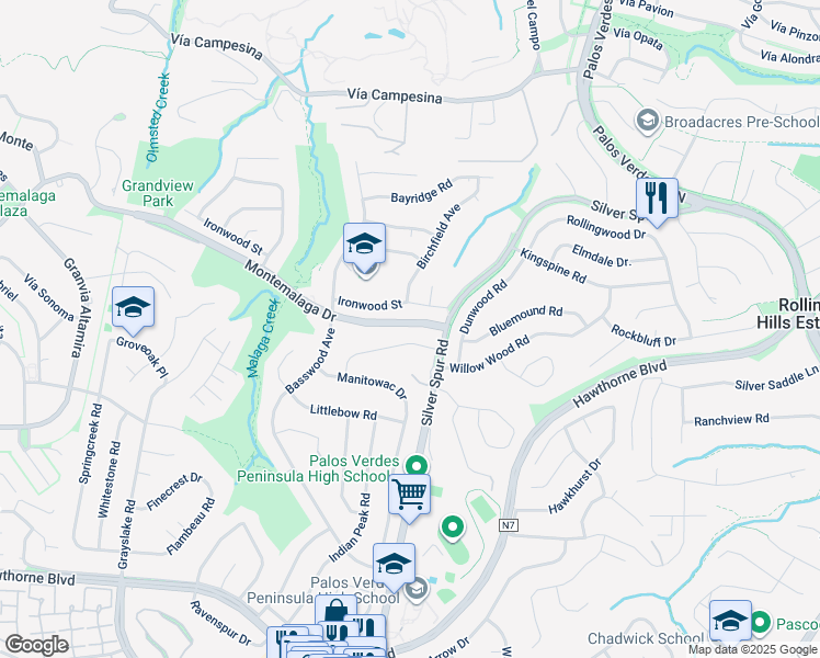 map of restaurants, bars, coffee shops, grocery stores, and more near 5400 Montemalaga Drive in Rancho Palos Verdes