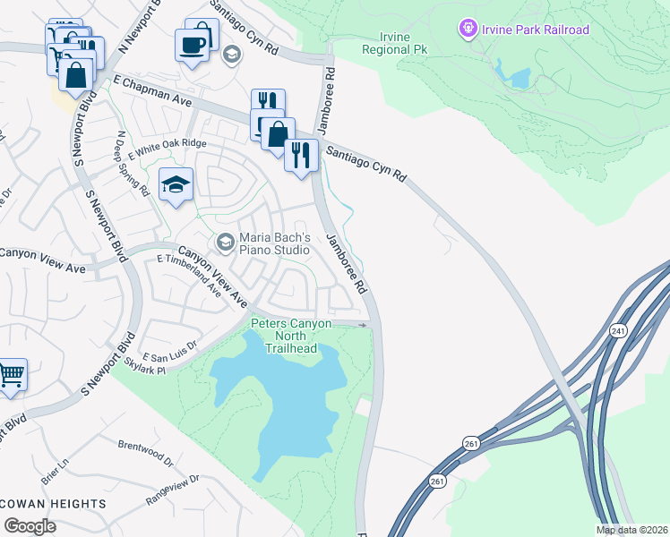 map of restaurants, bars, coffee shops, grocery stores, and more near 151 South Cross Creek Road in Orange