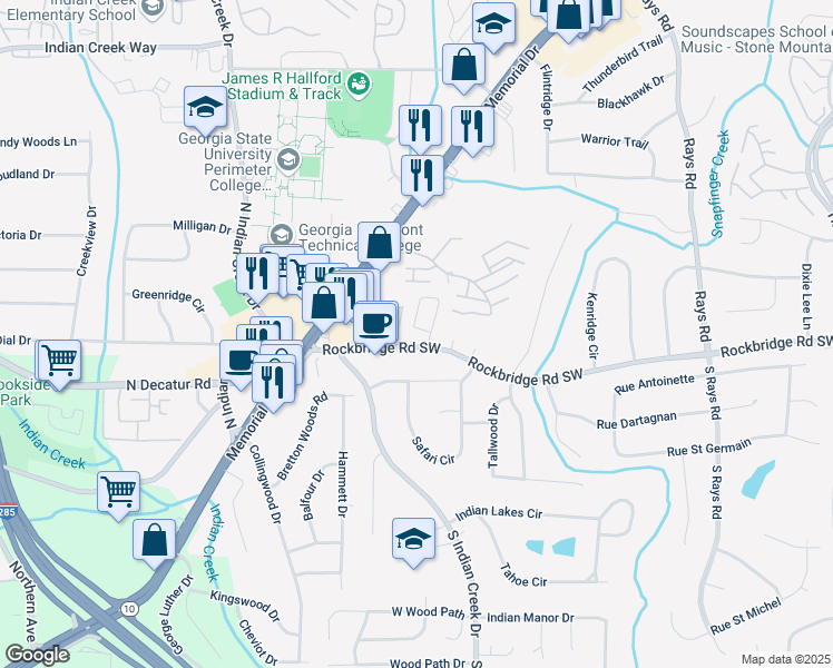 map of restaurants, bars, coffee shops, grocery stores, and more near 553 Rockbridge Trail in Stone Mountain