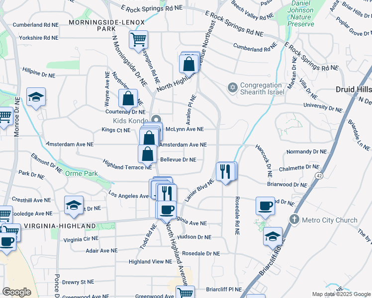 map of restaurants, bars, coffee shops, grocery stores, and more near 1055 Amsterdam Ave NE in Atlanta