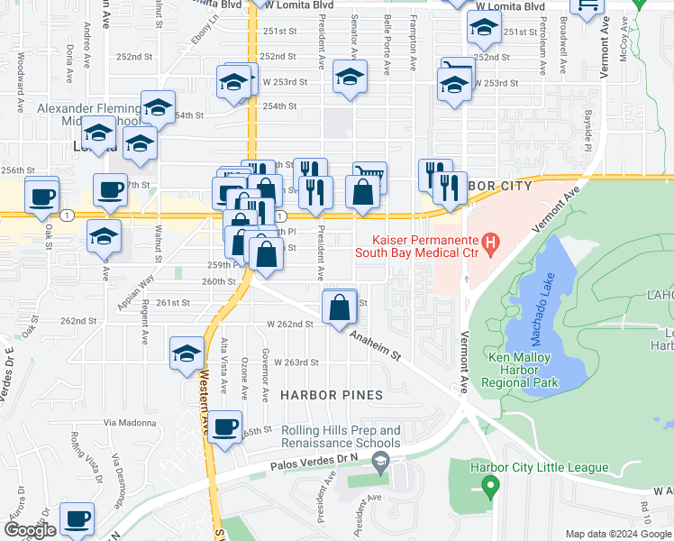 map of restaurants, bars, coffee shops, grocery stores, and more near 25914 President Avenue in Los Angeles