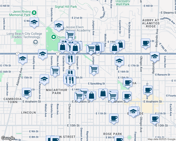 map of restaurants, bars, coffee shops, grocery stores, and more near 1600 Stanton Place in Long Beach