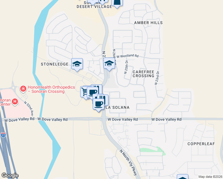 map of restaurants, bars, coffee shops, grocery stores, and more near 2618 West Gray Wolf Trail in Phoenix