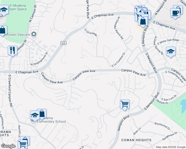 map of restaurants, bars, coffee shops, grocery stores, and more near 6735 East Pinnacle Pointe in Orange