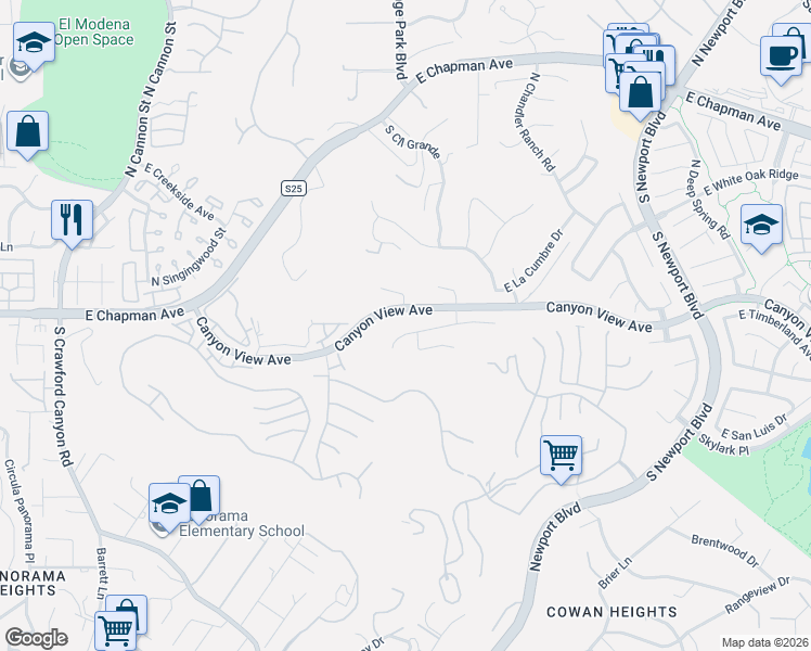 map of restaurants, bars, coffee shops, grocery stores, and more near 6735 East Pinnacle Pointe in Orange