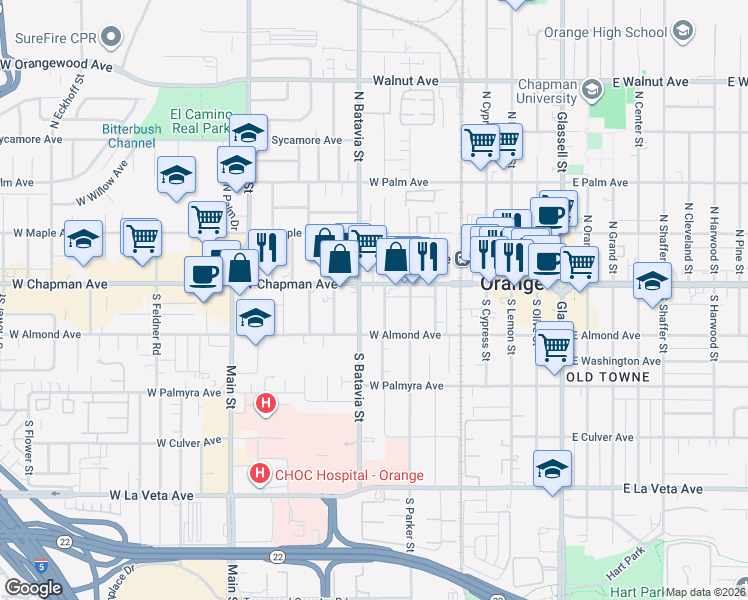 map of restaurants, bars, coffee shops, grocery stores, and more near 122 South Clark Street in Orange