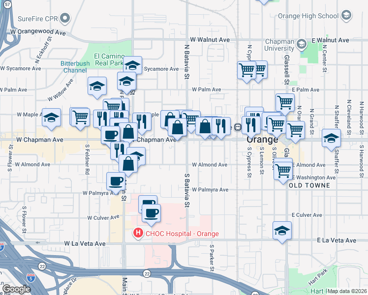 map of restaurants, bars, coffee shops, grocery stores, and more near 922 West Chapman Avenue in Orange