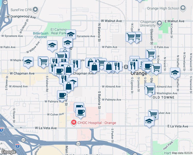 map of restaurants, bars, coffee shops, grocery stores, and more near 922 West Chapman Avenue in Orange