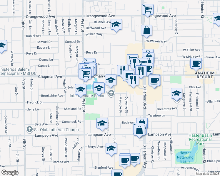 map of restaurants, bars, coffee shops, grocery stores, and more near 12085 Buaro Street in Garden Grove