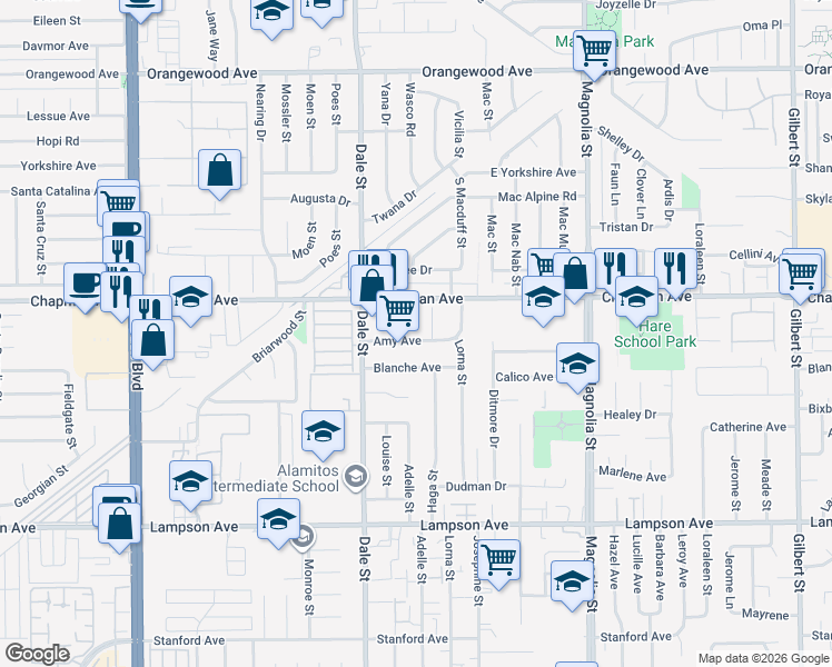 map of restaurants, bars, coffee shops, grocery stores, and more near 8581 Amy Avenue in Garden Grove
