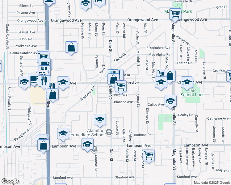 map of restaurants, bars, coffee shops, grocery stores, and more near 12082 Dale Street in Garden Grove