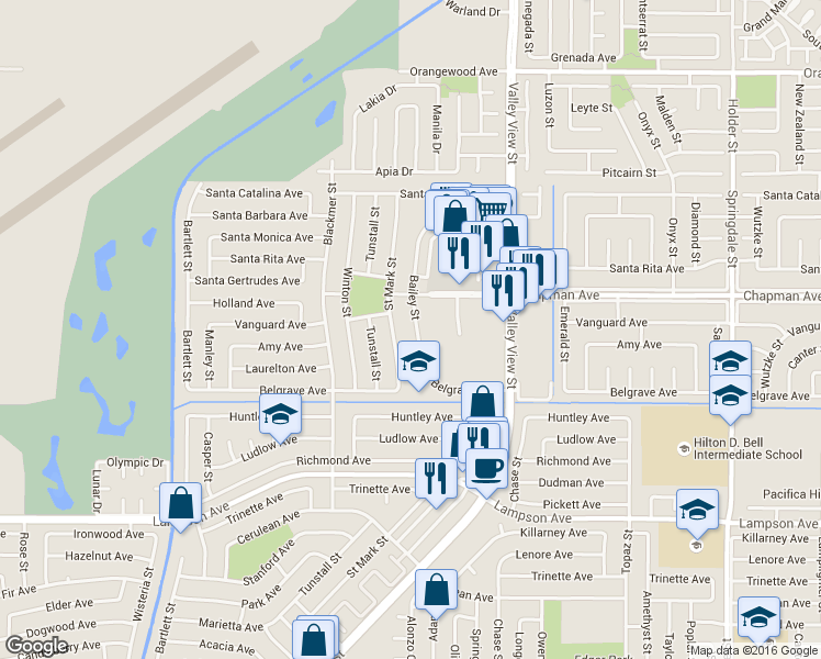 map of restaurants, bars, coffee shops, grocery stores, and more near 12072 Bailey Street in Garden Grove