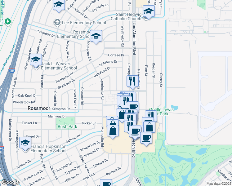 map of restaurants, bars, coffee shops, grocery stores, and more near 25 Bradbury Road in Rossmoor