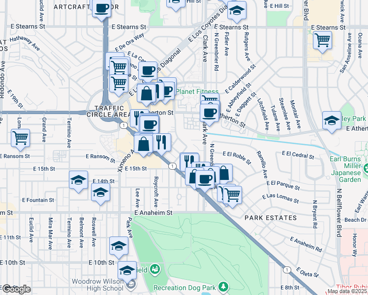 map of restaurants, bars, coffee shops, grocery stores, and more near 1610 Park Avenue in Long Beach