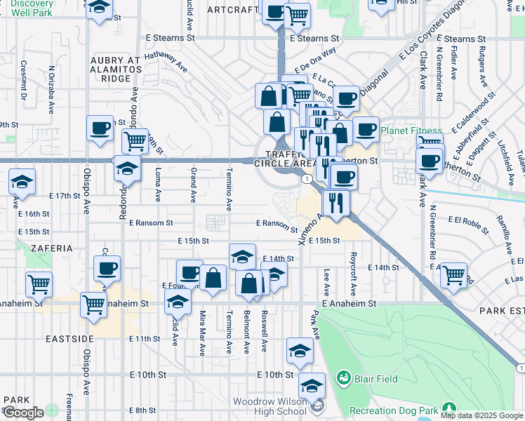 map of restaurants, bars, coffee shops, grocery stores, and more near 4118 East Wilton Street in Long Beach