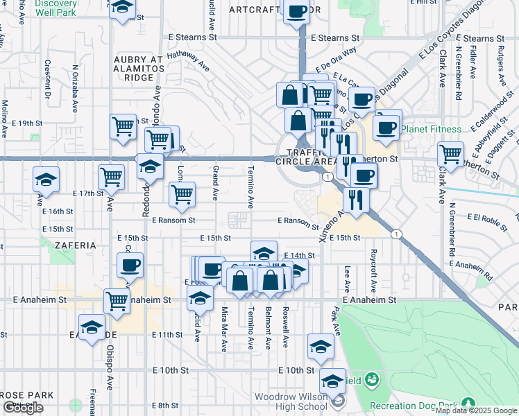 map of restaurants, bars, coffee shops, grocery stores, and more near 3936 East Wilton Street in Long Beach