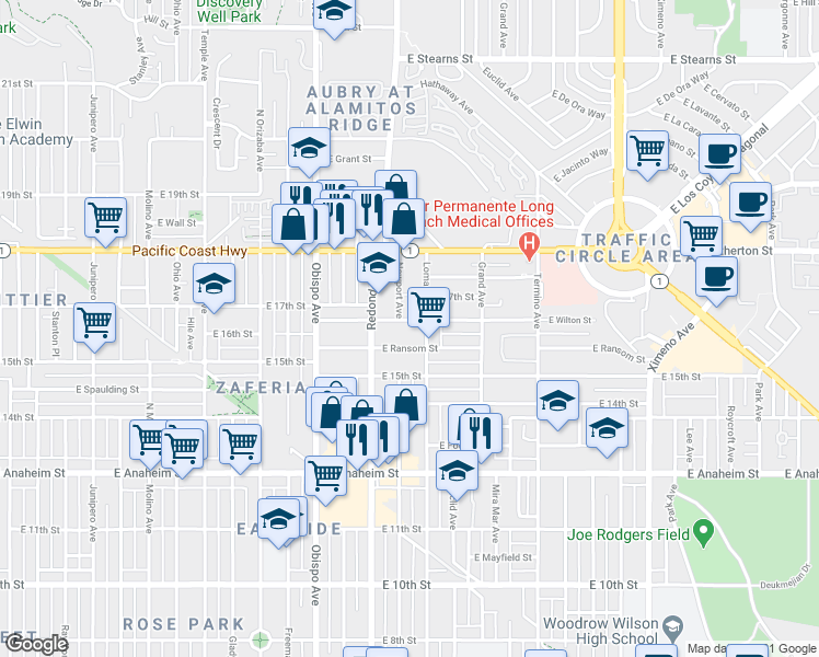 map of restaurants, bars, coffee shops, grocery stores, and more near East Wilton Street in Long Beach