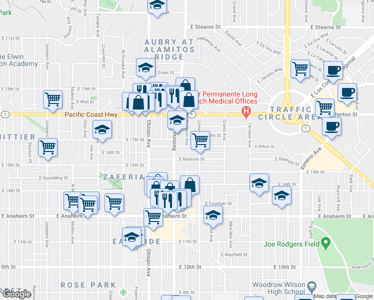 map of restaurants, bars, coffee shops, grocery stores, and more near 1650 Redondo Avenue in Long Beach