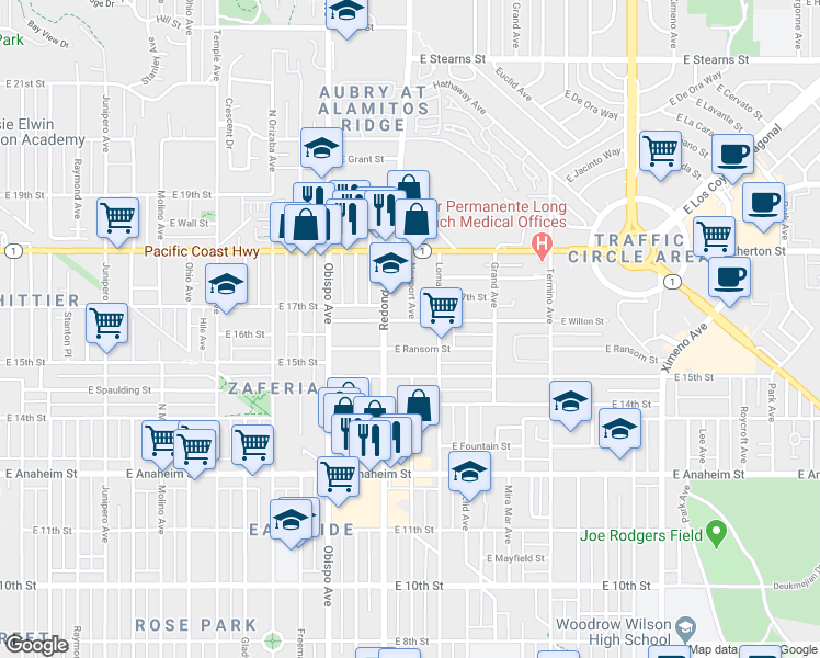 map of restaurants, bars, coffee shops, grocery stores, and more near 1650 Redondo Avenue in Long Beach