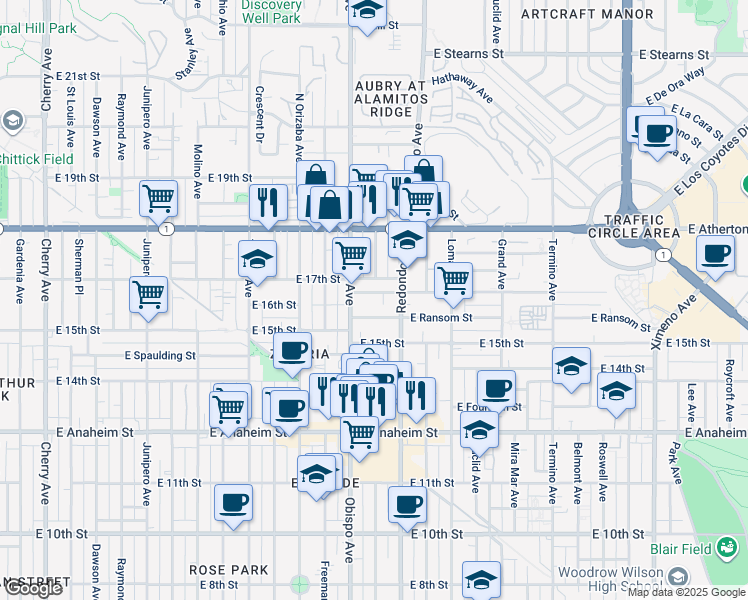 map of restaurants, bars, coffee shops, grocery stores, and more near 3244 East Wilton Street in Long Beach