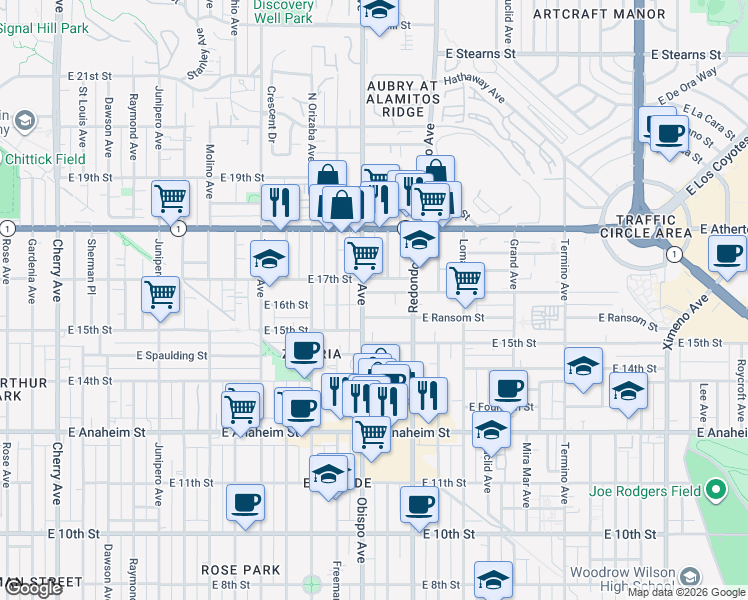 map of restaurants, bars, coffee shops, grocery stores, and more near 3244 East Wilton Street in Long Beach