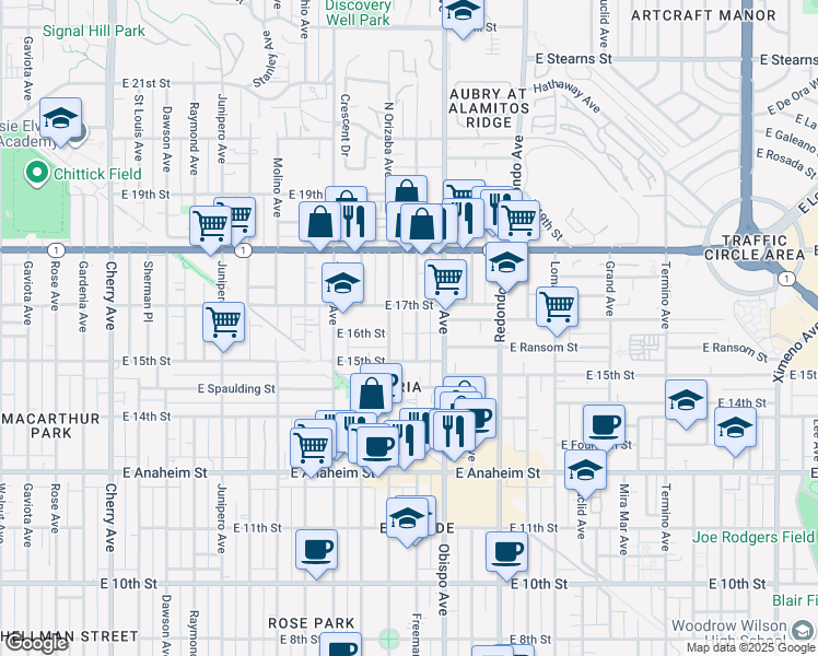 map of restaurants, bars, coffee shops, grocery stores, and more near 1612 North Orizaba Avenue in Long Beach