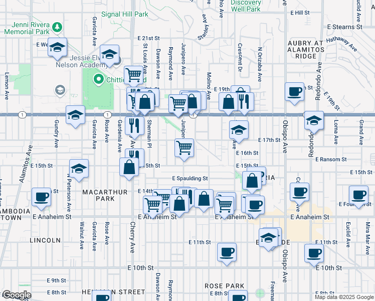 map of restaurants, bars, coffee shops, grocery stores, and more near 1619 Stanley Avenue in Long Beach