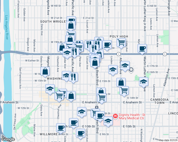 map of restaurants, bars, coffee shops, grocery stores, and more near 1604 Locust Avenue in Long Beach