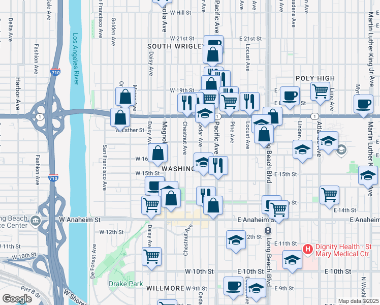 map of restaurants, bars, coffee shops, grocery stores, and more near 1615 Cedar Avenue in Long Beach