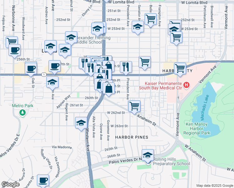 map of restaurants, bars, coffee shops, grocery stores, and more near 1664 259th Place in Los Angeles
