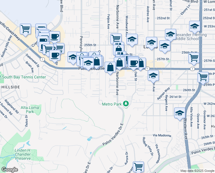 map of restaurants, bars, coffee shops, grocery stores, and more near 25922 Lucille Avenue in Lomita