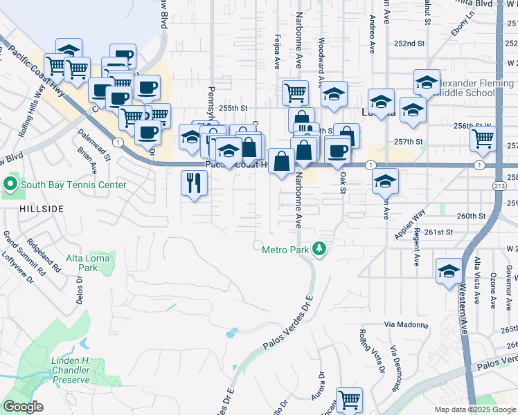 map of restaurants, bars, coffee shops, grocery stores, and more near 25919 Cypress Street in Lomita