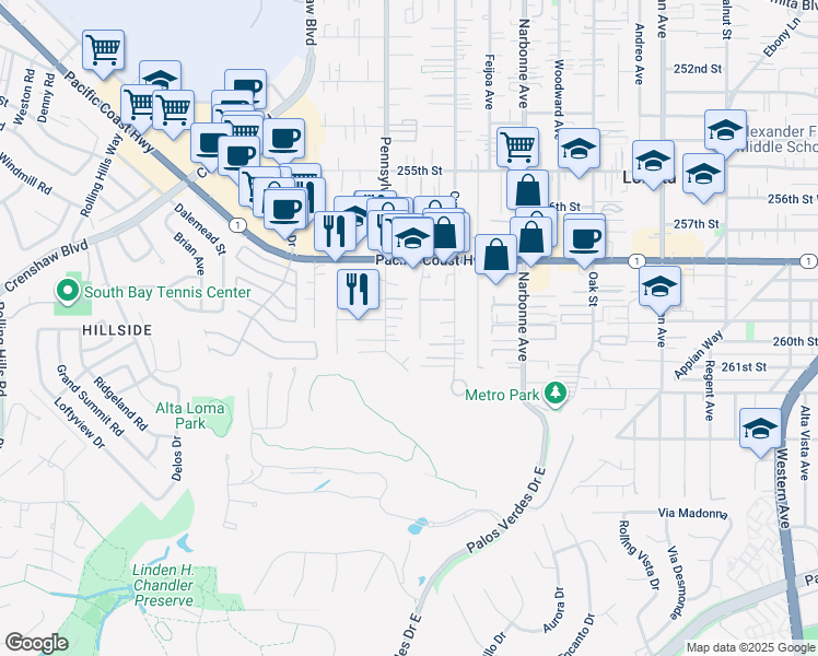 map of restaurants, bars, coffee shops, grocery stores, and more near 25917 Viana Avenue in Lomita