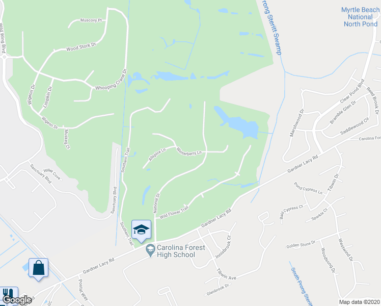 map of restaurants, bars, coffee shops, grocery stores, and more near 601 Winterberry Lane in Myrtle Beach