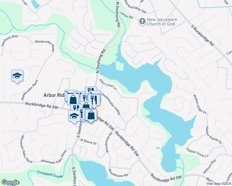 map of restaurants, bars, coffee shops, grocery stores, and more near 6877 Glen Cove Lane in Stone Mountain