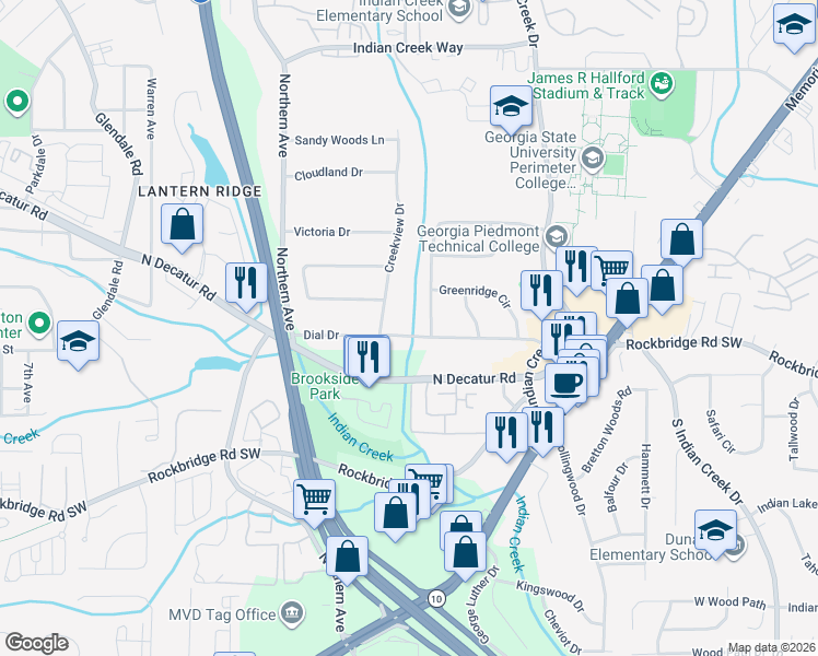 map of restaurants, bars, coffee shops, grocery stores, and more near 3616 Dial Drive in Stone Mountain