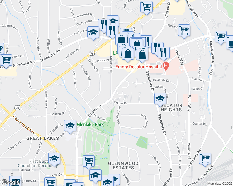 map of restaurants, bars, coffee shops, grocery stores, and more near 1335 Church Street in Decatur