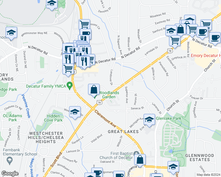 map of restaurants, bars, coffee shops, grocery stores, and more near 1020 Scott Boulevard in Decatur