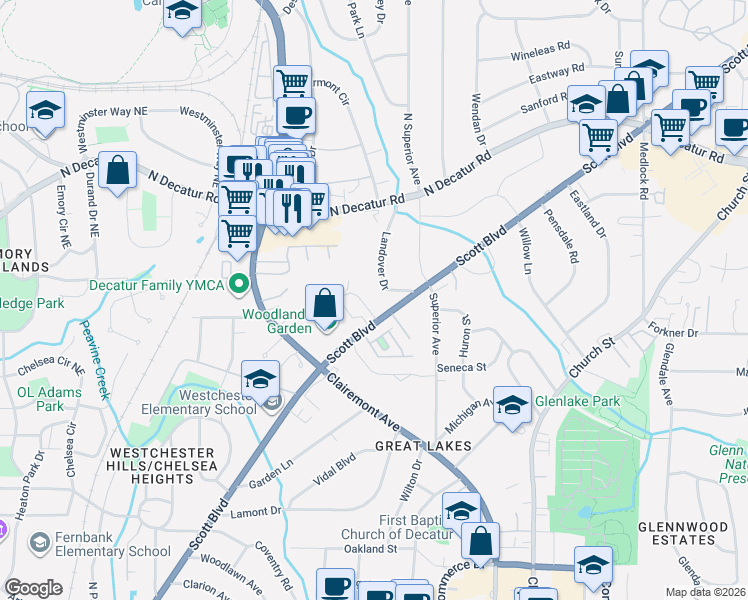 map of restaurants, bars, coffee shops, grocery stores, and more near 1020 Scott Boulevard in Decatur
