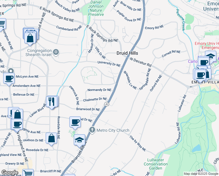 map of restaurants, bars, coffee shops, grocery stores, and more near 1188 Briarcliff Road Northeast in Atlanta