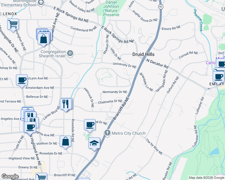 map of restaurants, bars, coffee shops, grocery stores, and more near 1356 Normandy Drive Northeast in Atlanta