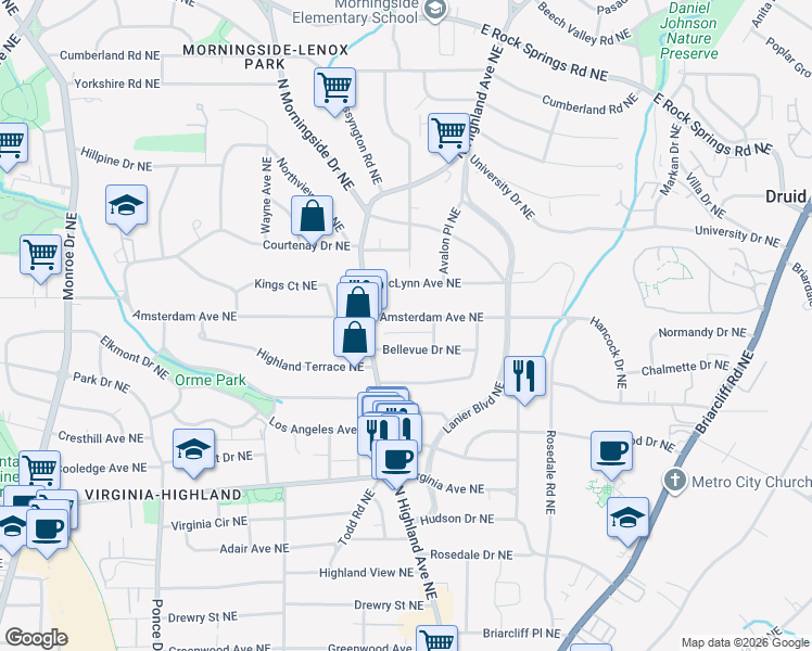 map of restaurants, bars, coffee shops, grocery stores, and more near 1015 Amsterdam Avenue Northeast in Atlanta