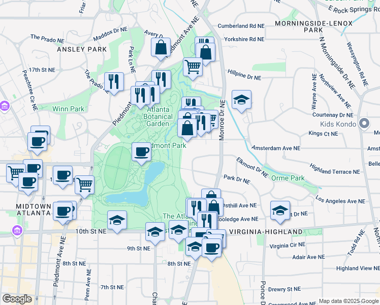 map of restaurants, bars, coffee shops, grocery stores, and more near 542 Orme Circle Northeast in Atlanta