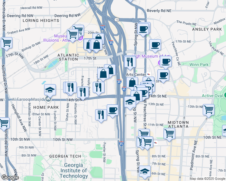 map of restaurants, bars, coffee shops, grocery stores, and more near 173 14th Street Northwest in Atlanta